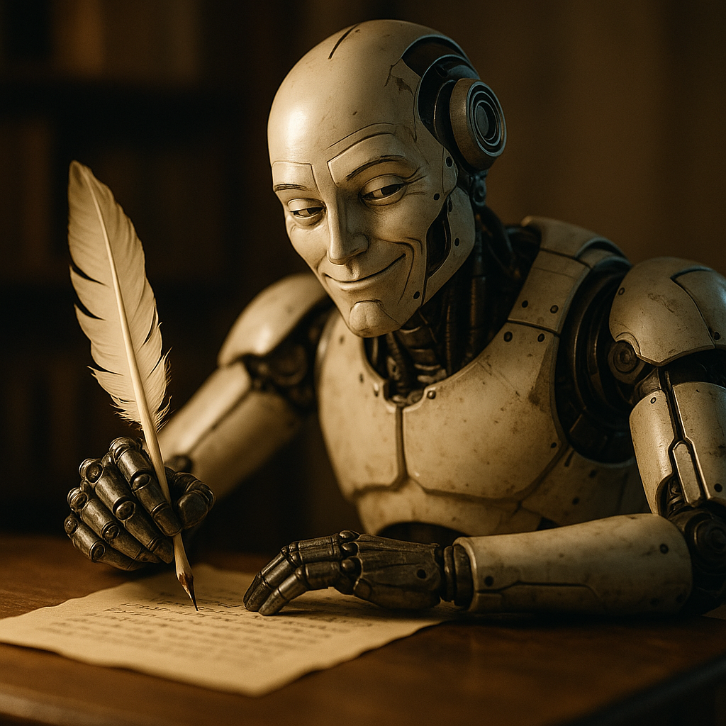 Image: A robot with a smug face writing something