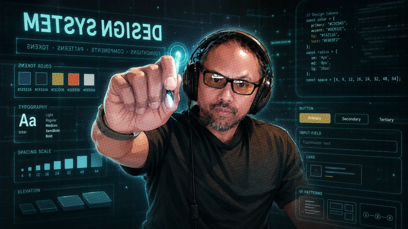 Image: illustration of V Man, fancy design system hologram