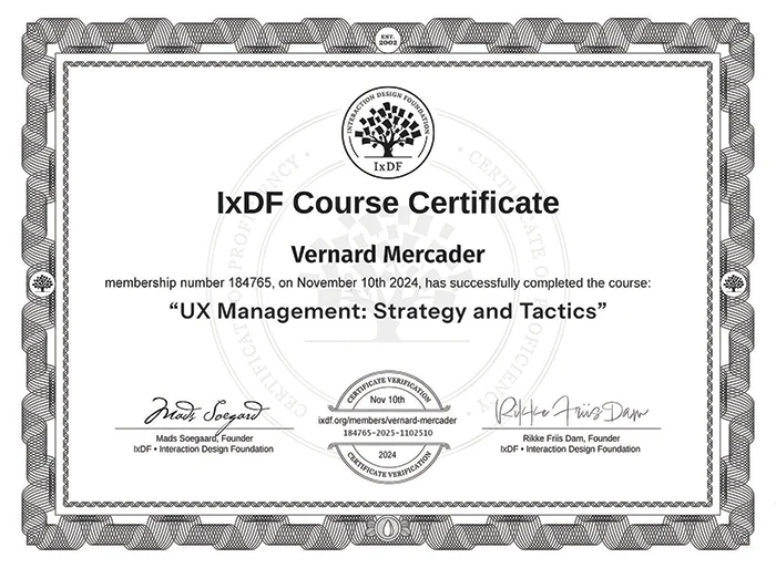 Picture: Certificate - IxDF - UX Management