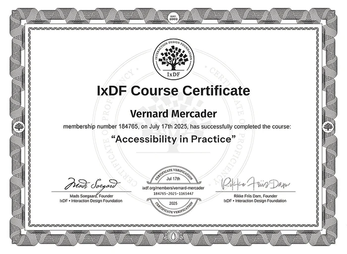 Picture: Certificate - IxDF - Accessibility in Practice