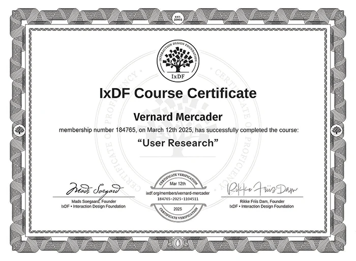 Picture: Certificate - IxDF - User Research