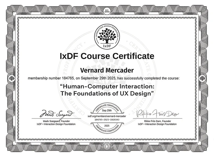 Picture: Certificate - IxDF - Human Computer Interaction